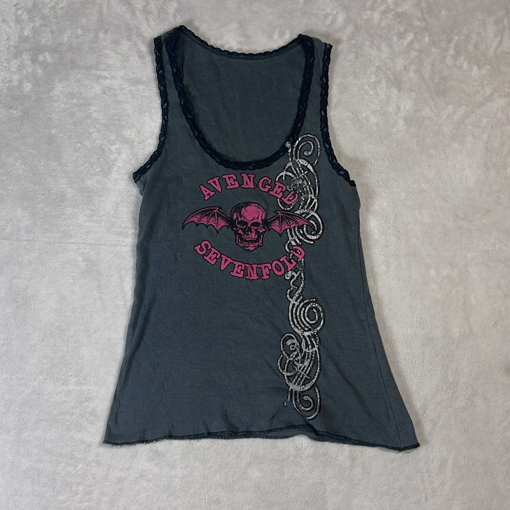 Avenged Sevenfold Deathbat Teens Grey Tank Top Size XS Metal Band Lace Trim